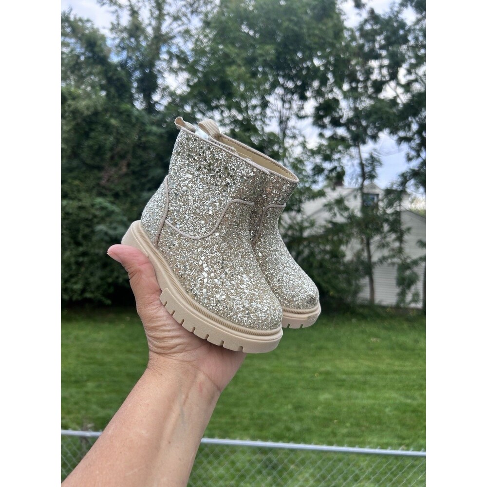 Cat & Jack Kids US 7 Gold Glitter Ankle Bootie Boots Round Toe Zip